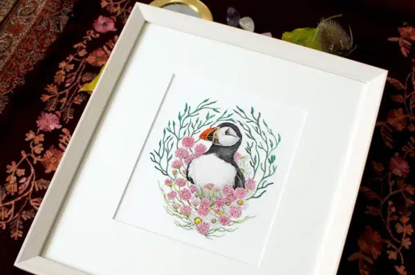 Original Art - Puffin in Sea Pinks (Framed)