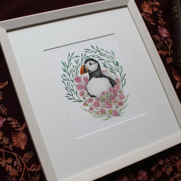 Original Art - Puffin in Sea Pinks (Framed) - Image 2
