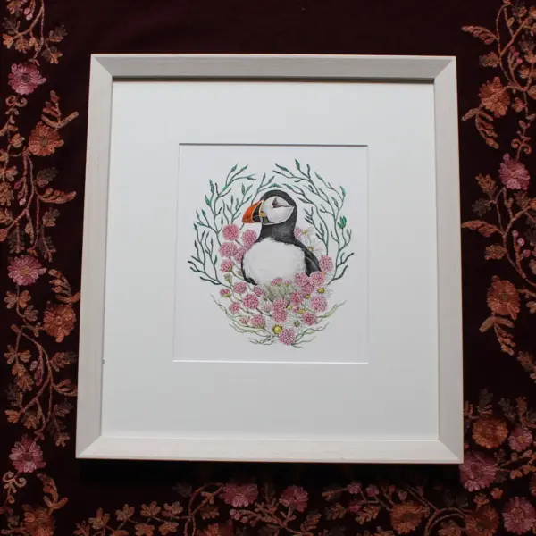 Original Art - Puffin in Sea Pinks (Framed)